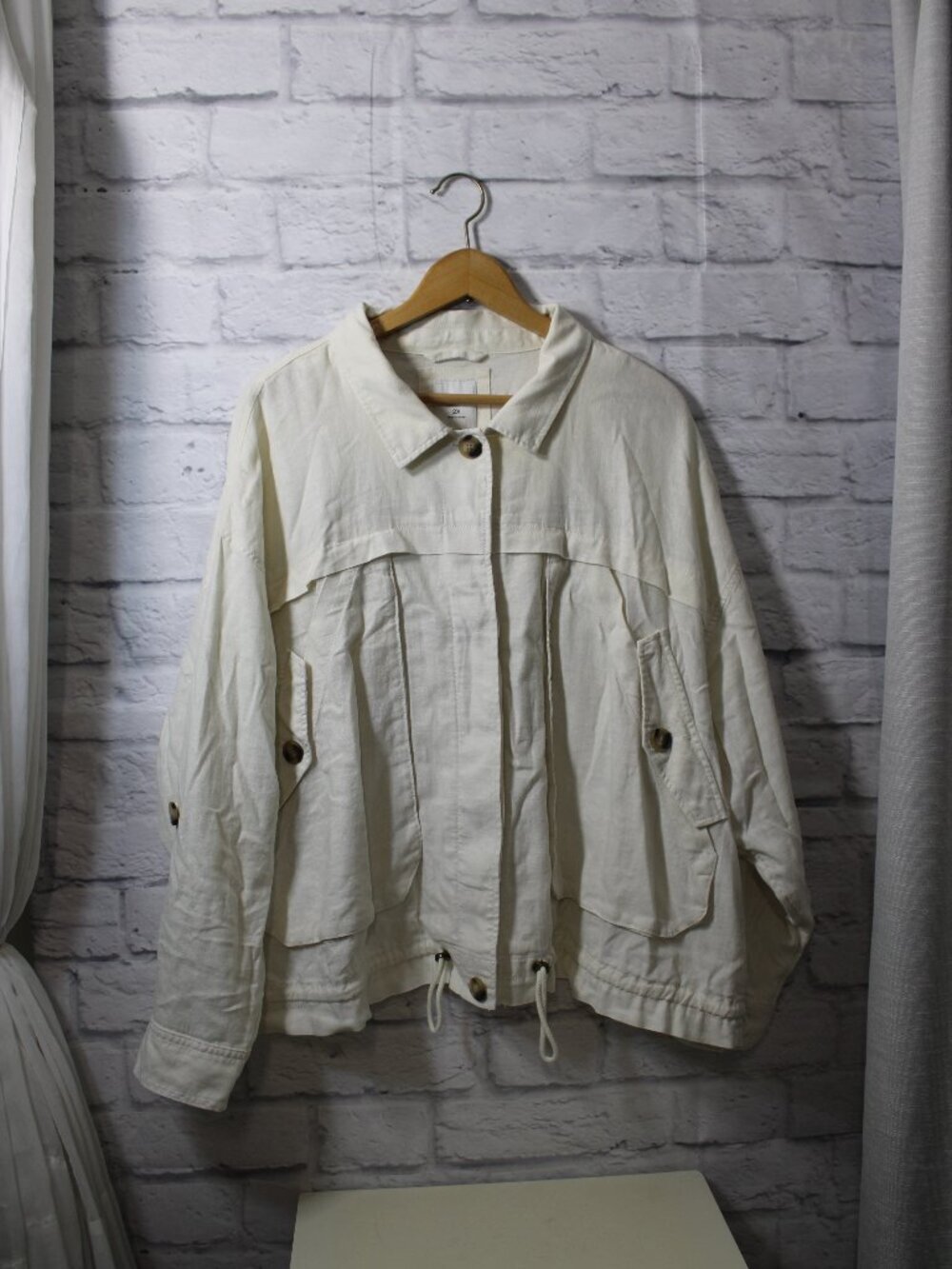 Sonoma Plus 2X Off White Linen Blend Roll Tab Sleeve Button Front Basic Jacket